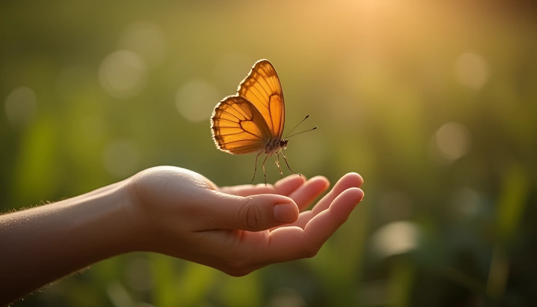 나비 한 마리가 사람의 손끝에 살포시 내려앉은 모습, 기다리던 인연과 새 생명의 예감을 담은 나비 태몽의 분위기를 떠올리게 하는 이미지