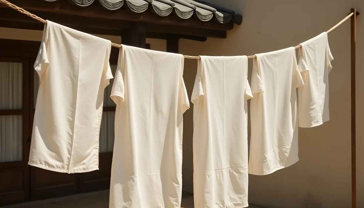 햇살 좋은 마당 빨랫줄에 널린 이불과 옷가지, 장마와 무더위로 눅눅해진 것을 볕에 말리던 처서 무렵 포쇄 풍속을 담은 이미지