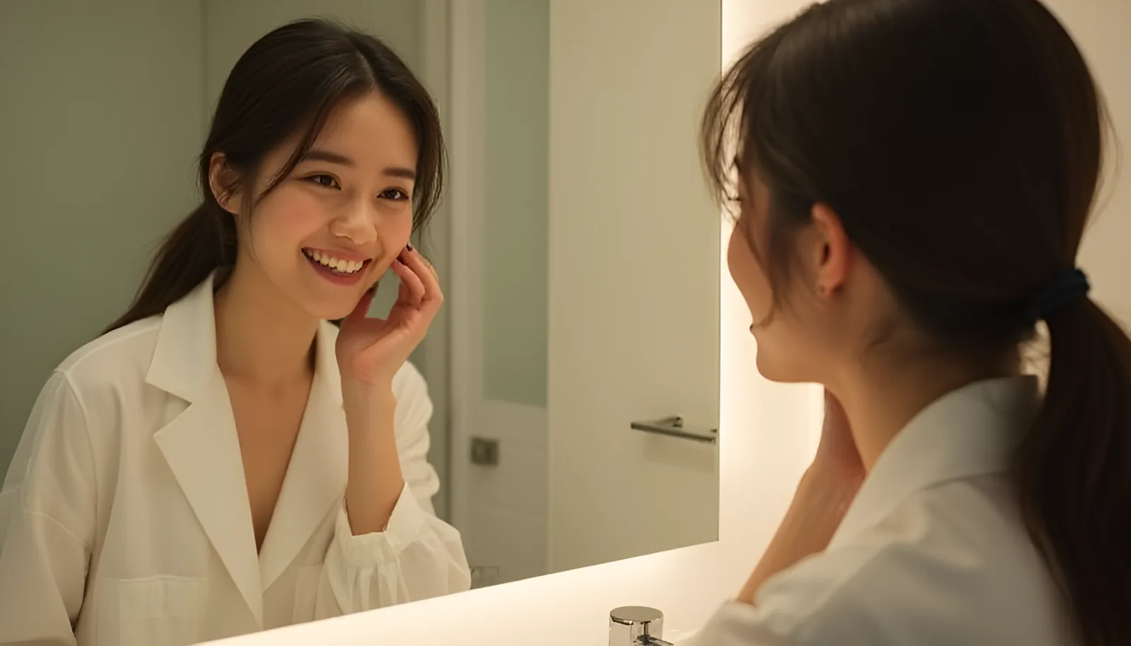 거울 앞에서 웃으며 자신의 볼 보조개 위치를 살피는 모습으로 위치별 보조개를 확인하는 장면을 보여 주는 이미지