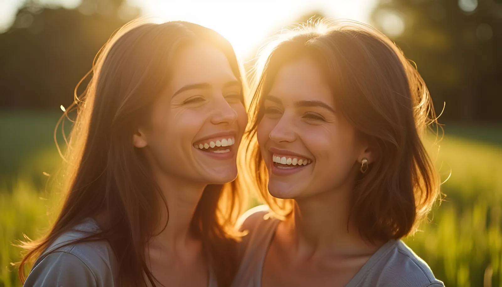 환하게 웃는 두 사람이 마주 보며 대화하는 모습으로 보조개가 만드는 호감과 밝은 대인·연애 인상을 보여 주는 이미지