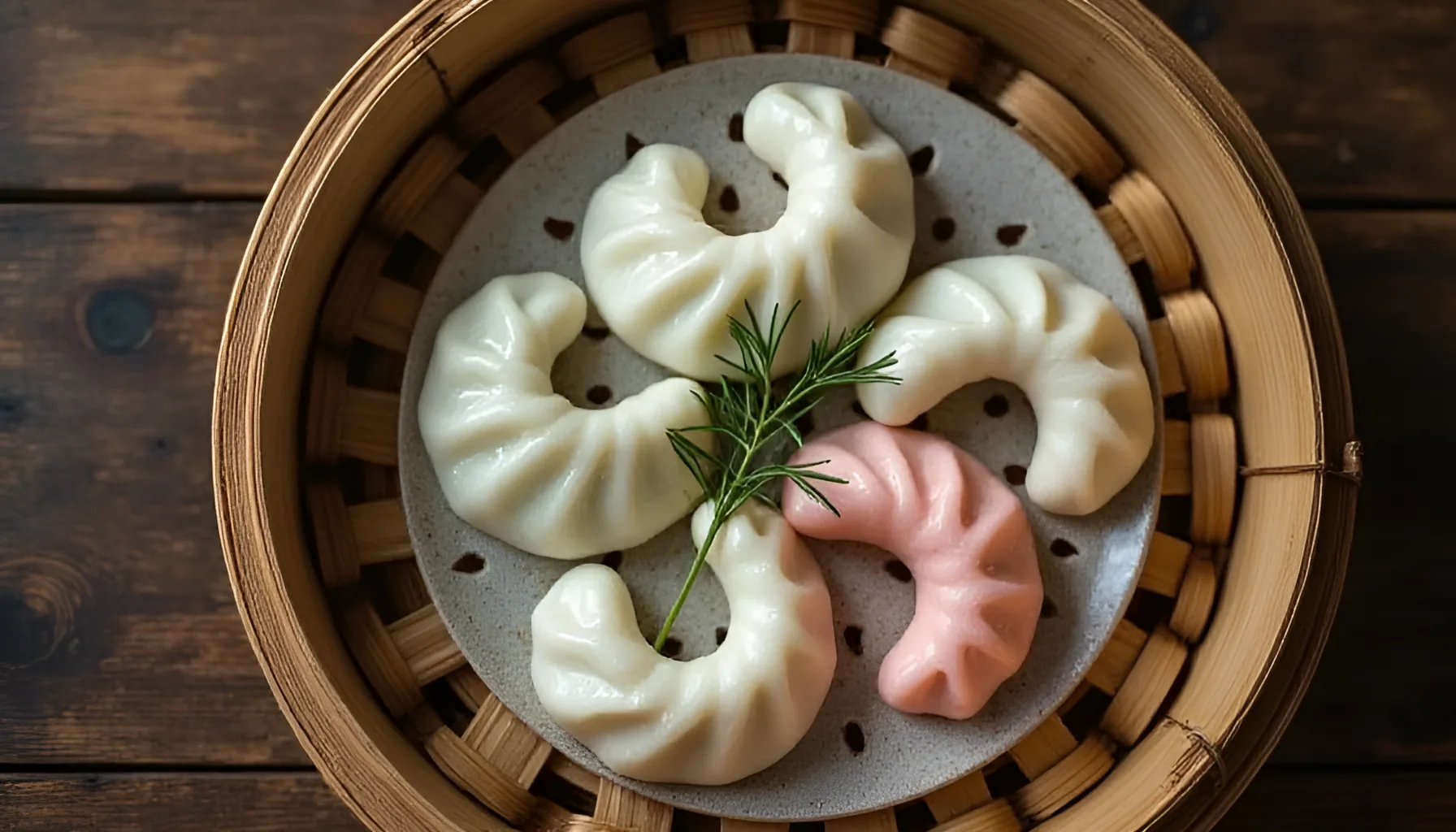 대나무 찜기 안 회색 접시에 반달 모양으로 빚은 흰 떡과 분홍빛 떡이 놓이고 가운데 초록 솔가지가 얹힌 모습