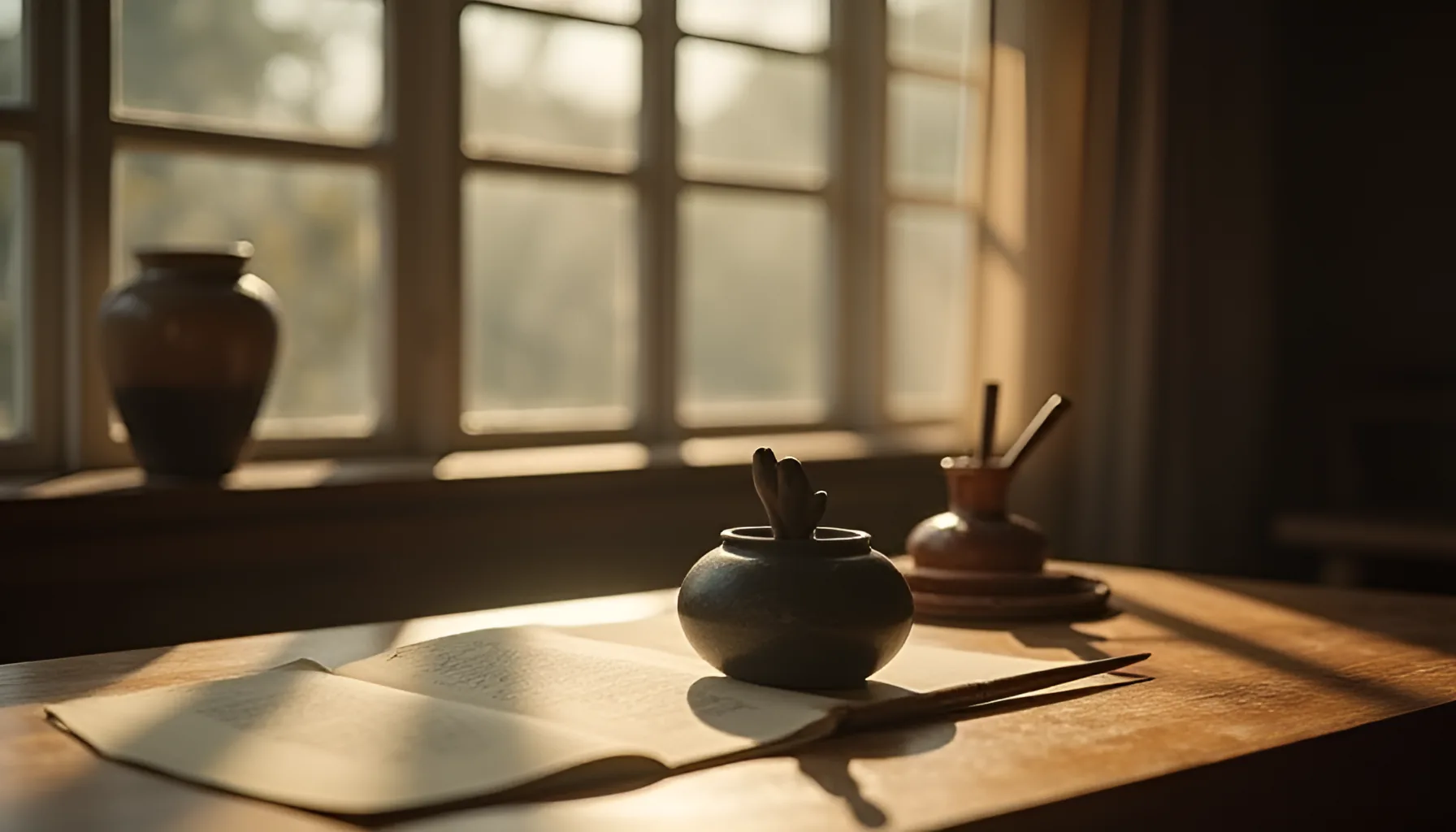 부드러운 햇살이 드는 창가 서안 위에 펼쳐진 한지와 둥근 벼루, 붓통에 꽂힌 붓, 서두르지 않고 쌓이는 정인의 학문과 안정을 담은 이미지