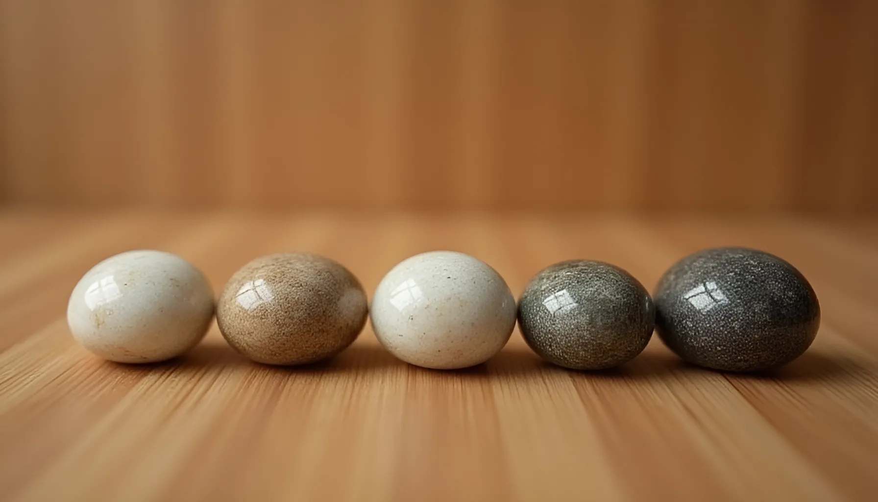 나뭇결 위에 서로 다른 빛깔의 매끄러운 돌 다섯 개가 나란히 균형을 이루며 놓인 정물, 이름에 담는 오행 다섯 기운의 조화를 은유한 이미지