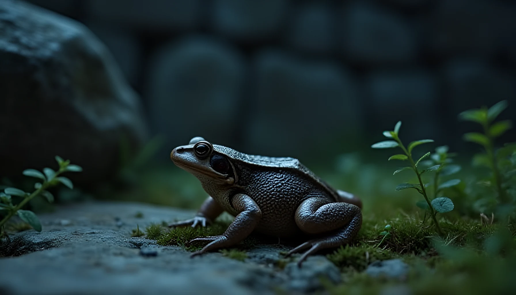 깊은 밤 이끼 낀 돌담 아래 정원에 커다란 두꺼비 한 마리가 묵직하게 앉아 있고 은은한 달빛이 등에 내려앉아 촉촉한 피부가 부드럽게 빛나는 고요하고 신비로운 정경, 재물의 상징으로 여겨진 두꺼비 꿈을 나타내는 대표 이미지