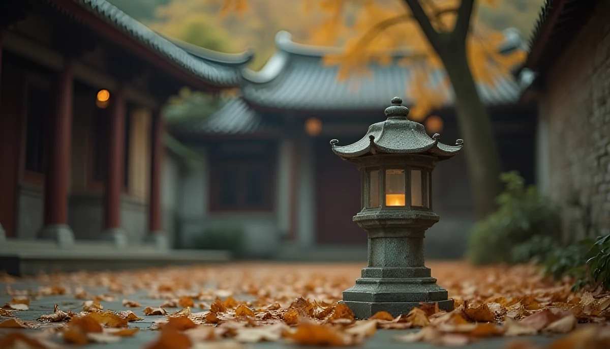낙엽에 반쯤 덮인 채 고요히 서 있는 오래된 돌 석등, 더디지만 한자리를 오래 지켜 온 육해살의 은근한 끈기와 그늘을 함께 담은 이 글의 대표 이미지
